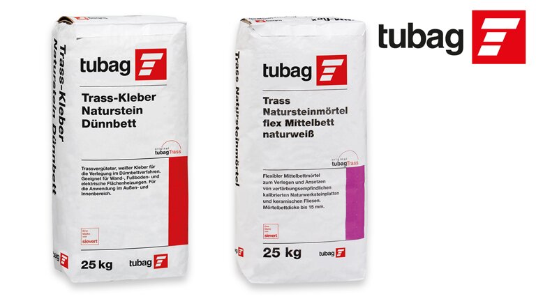 tubag Trass-Kleber Naturstein Dünnbett und Trass Natursteinmörtel flex Mittelbett naturweiß in 25-kg-Säcken